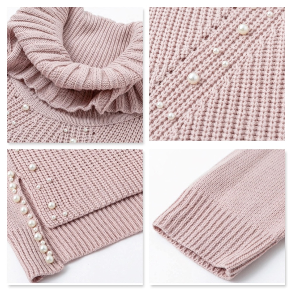 Pearl Beading Oversized Pink Sweater Cowl Neck - Picture 7 of 8